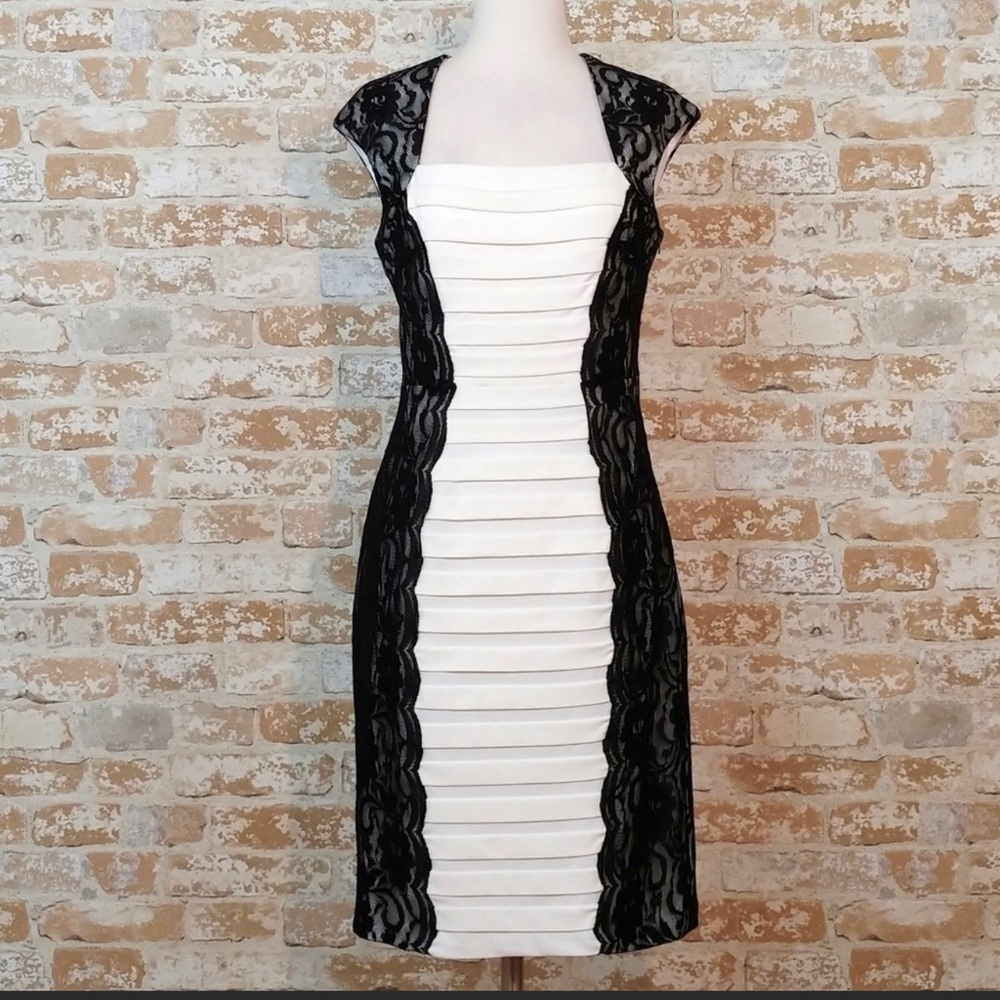 Lord & Taylor JAX Bodycon Cocktail Sheath Dress Black Lace & Cream NWT